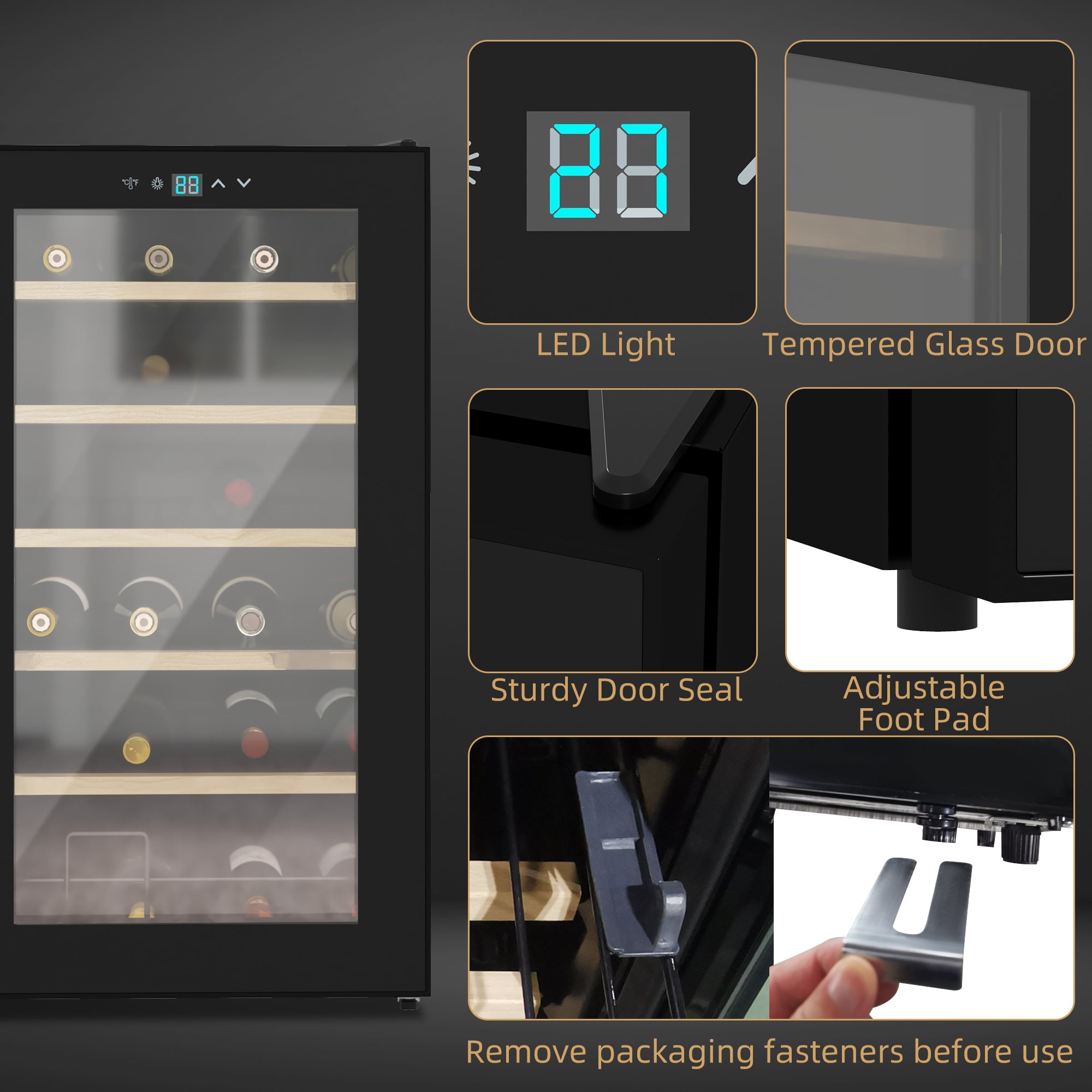 HOMCOM 24 Bottle Wine Fridge, 65 Litre Capacity, 43cm Freestanding Wine Cooler Fridge with Glass Door, LED Light, Digital Touch Screen, Temperature Control, Black