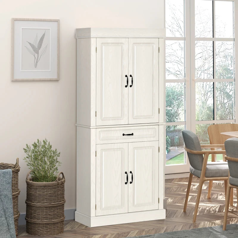 Kitchen Cupboard with 4 Doors, Wide Drawer and Shelves, 180cm, White Wood Grain