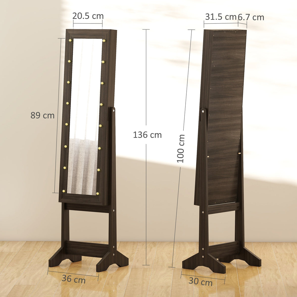 HOMCOM Freestanding Mirrored Jewellery Storage Cabinet - Dark Brown