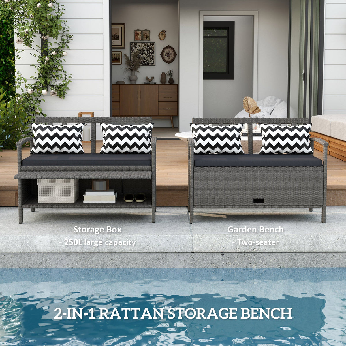 Outsunny 160L Storage Two-Seater Rattan Bench - Grey - product image 4