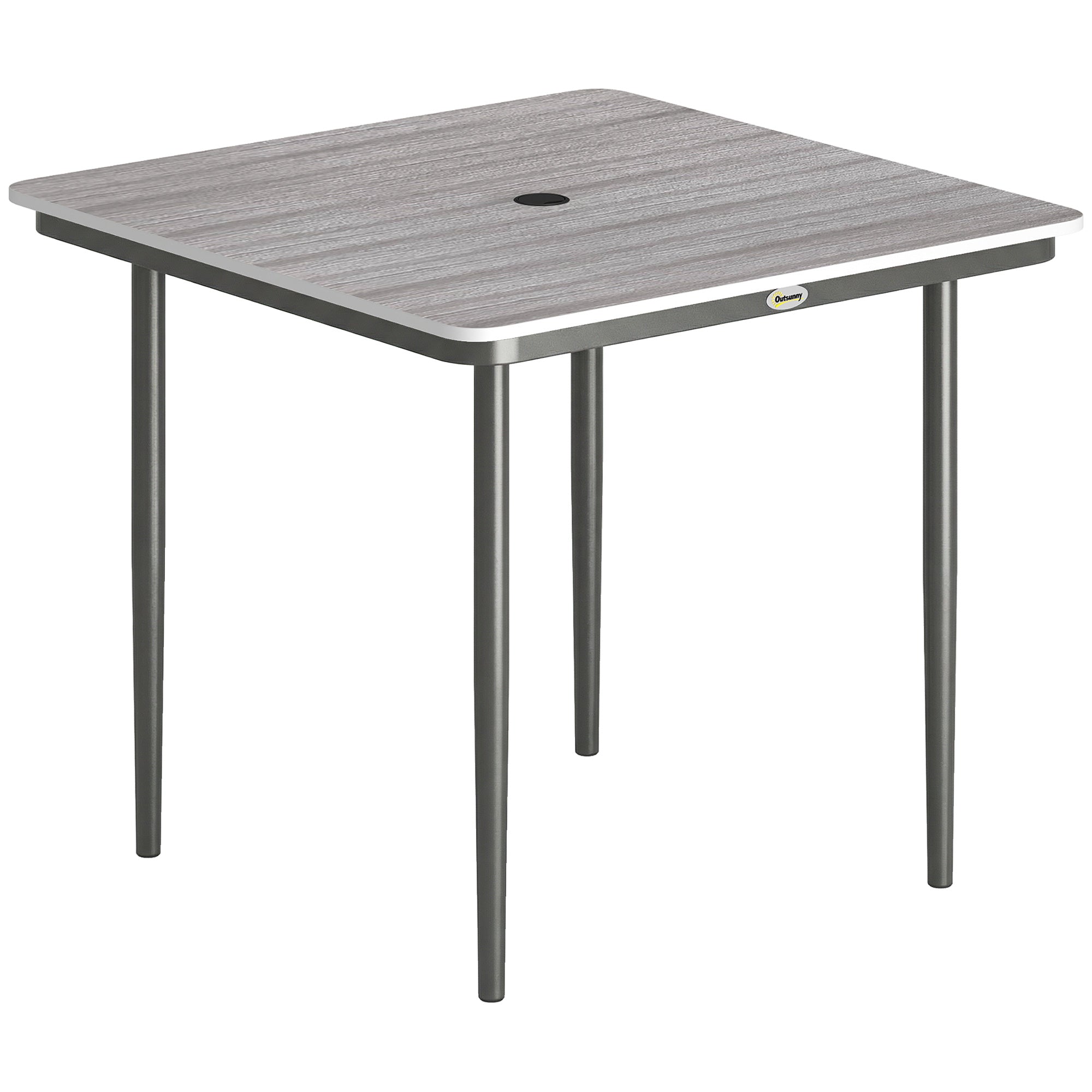 Outsunny Garden Dining Table for 4, 85 cm Square Outdoor Table with Umbrella Hole, Faux Wood Top, Metal Legs, Light Grey