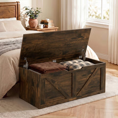 HOMCOM 127L Home Storage Box, with Safety Hinges - Rustic Brown Wood-Effect