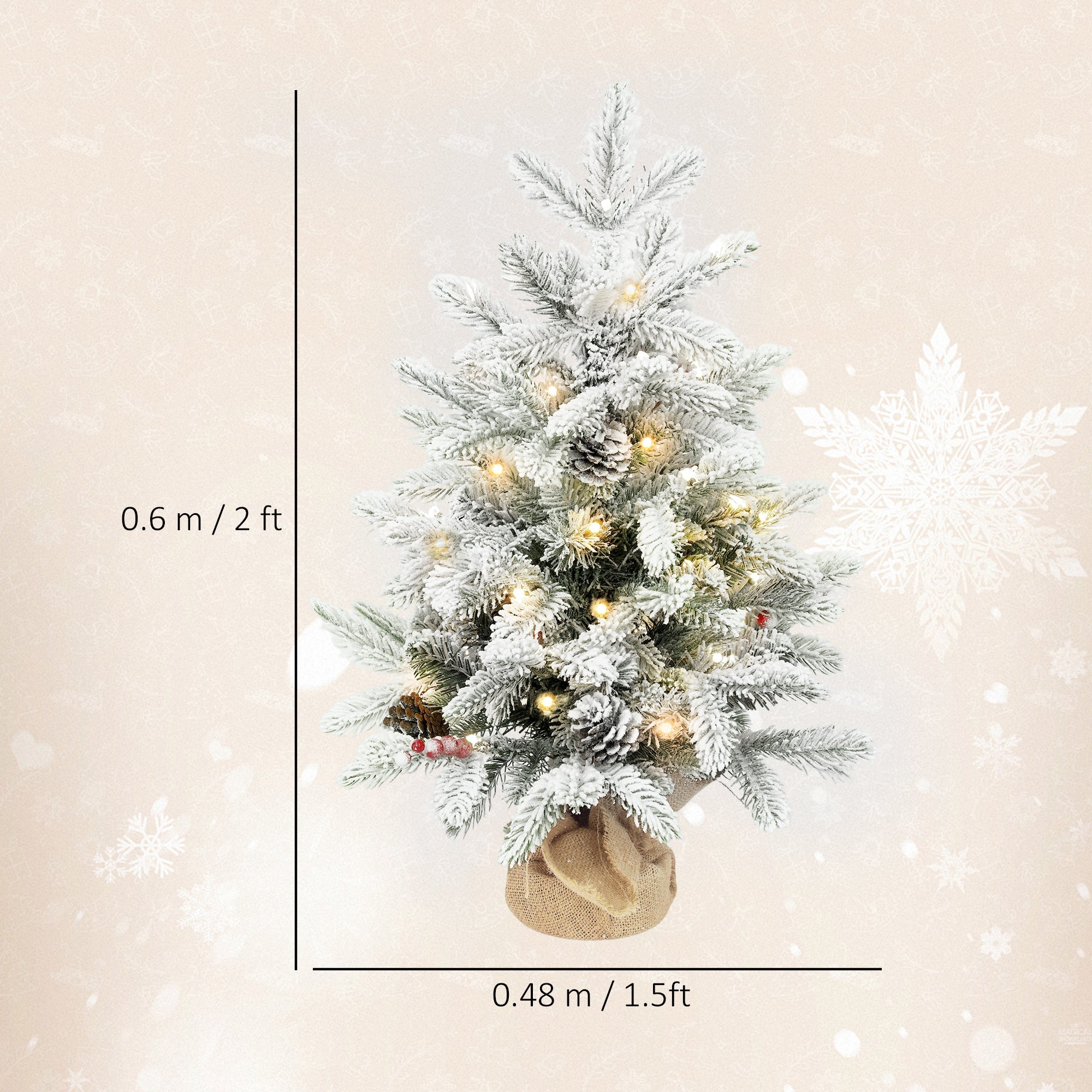 HOMCOM 60 cm Prelit Small Christmas Tree with 35 LED Lights, Snow Flocked Tabletop Mini Xmas Tree with Pine Cones, Berry Clusters and Linen Cover Base, Battery Operated, Green