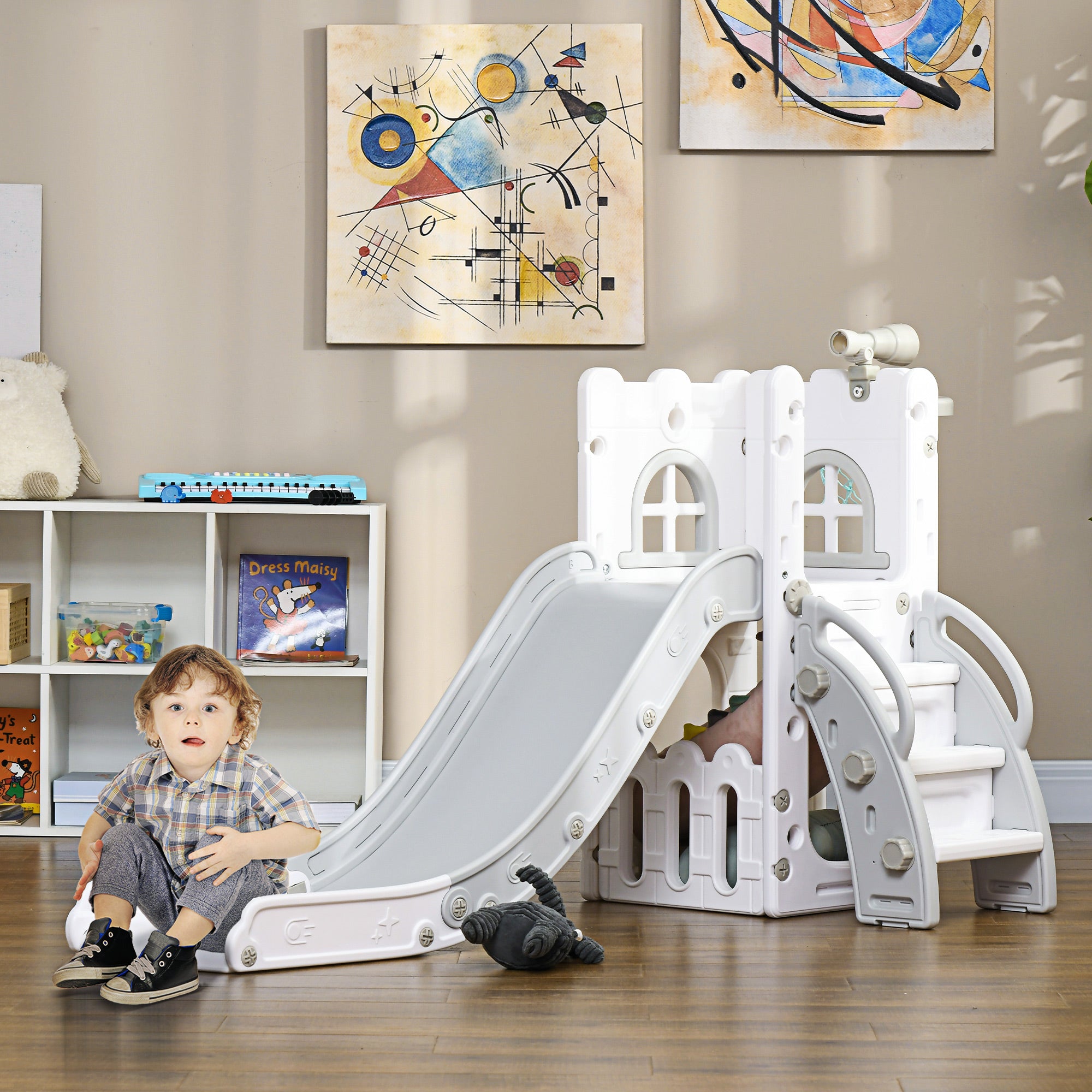 AIYAPLAY 4 in 1 Toddler Slide with Basketball Hoop, Climber, Telescope, Storage Basket, for Ages 1-3 Years, Grey