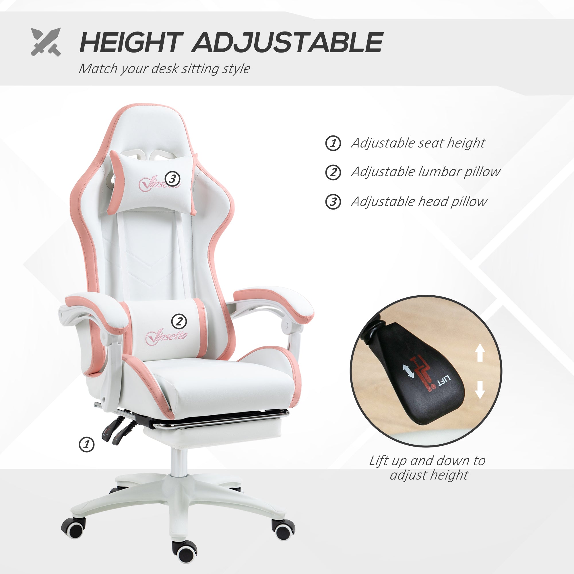 Vinsetto Computer Gaming Chair, PU Leather Office Desk Chair with Footrest, Swivel Wheels, 135 Reclining Back, Lumbar Support, Headrest for Home, White and Pink