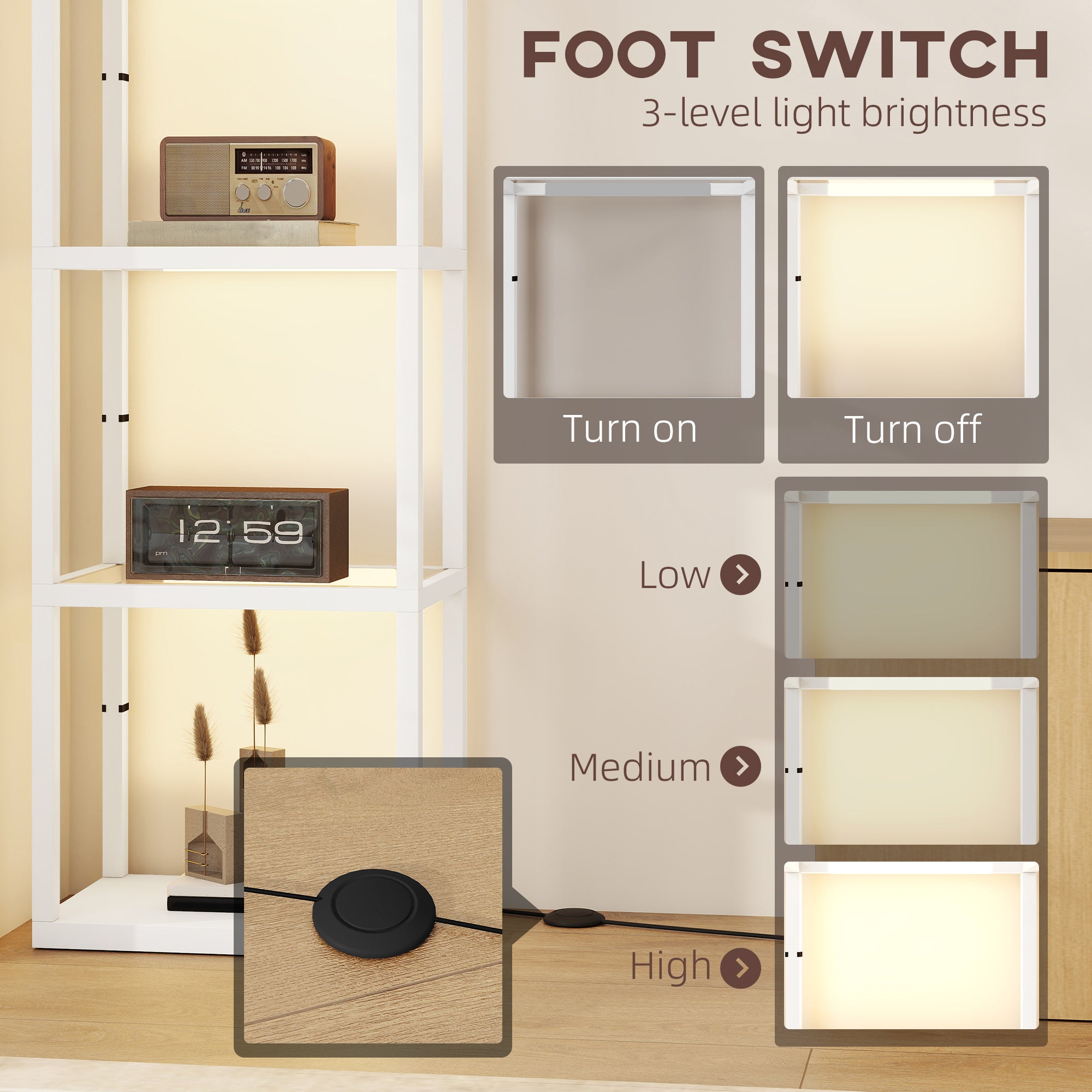 HOMCOM LED Floor Lamp with Glass Shelves, 4 Layers Dimmable Tall Standing Lamp, Modern Column Shelf Floor Light for Living Room, Bedroom, Office, White