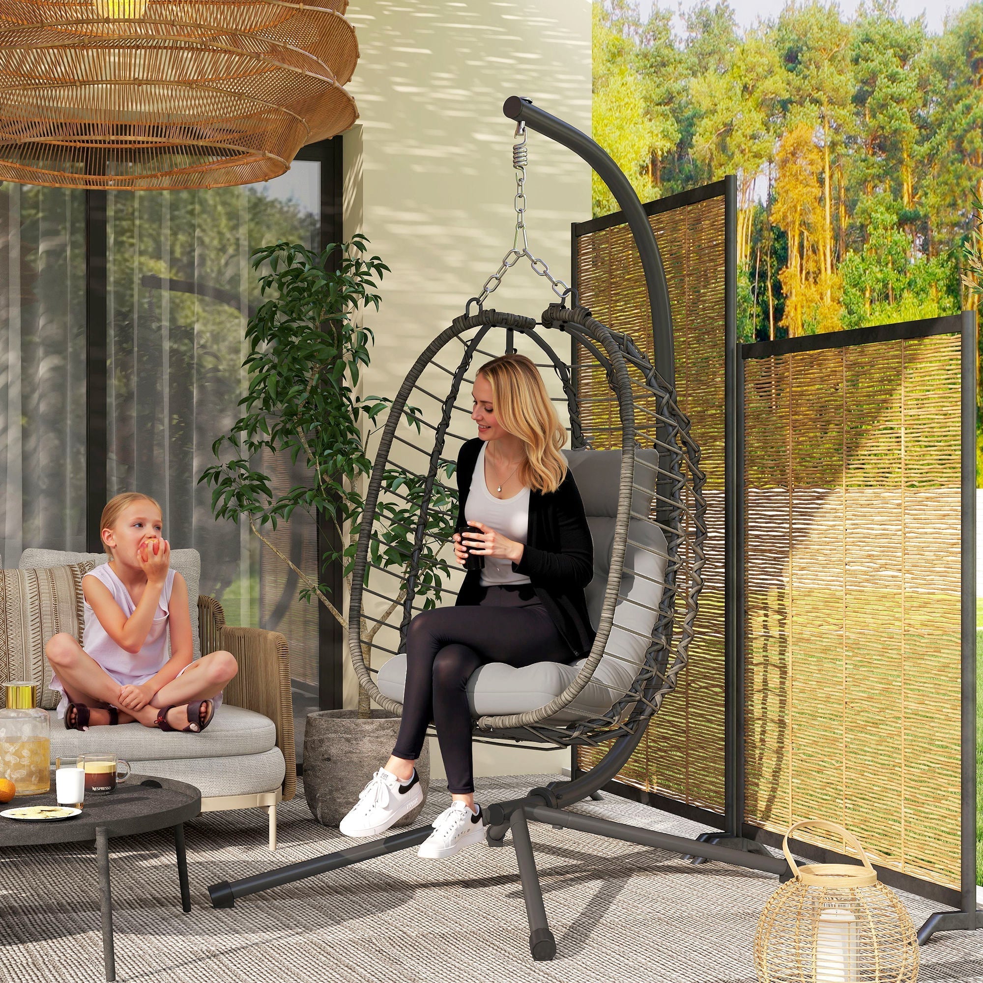 Outsunny Rattan Hanging Egg Chair, Foldable Wicker Hammock Swing Chair with Cushion, Stand, Adjustable Height, Head Pillow, Steel Frame for Garden Patio Indoor Outdoor, Light Grey
