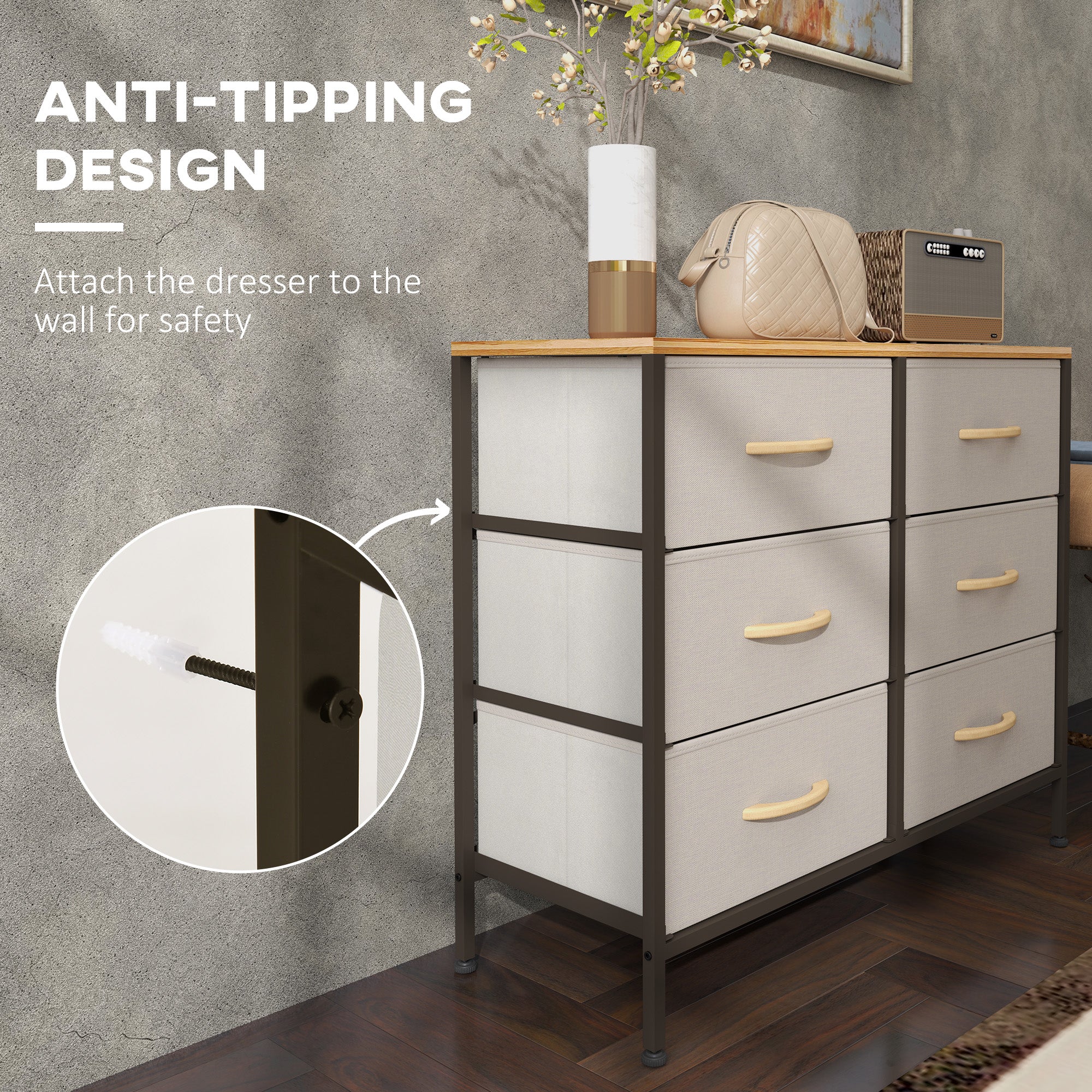 HOMCOM Fabric Chest of Drawers, Industrial Bedroom Dresser with 6 Fabric Drawers, Steel Frame and Wooden Top for Nursery, Living Room, Hallway, Cream White