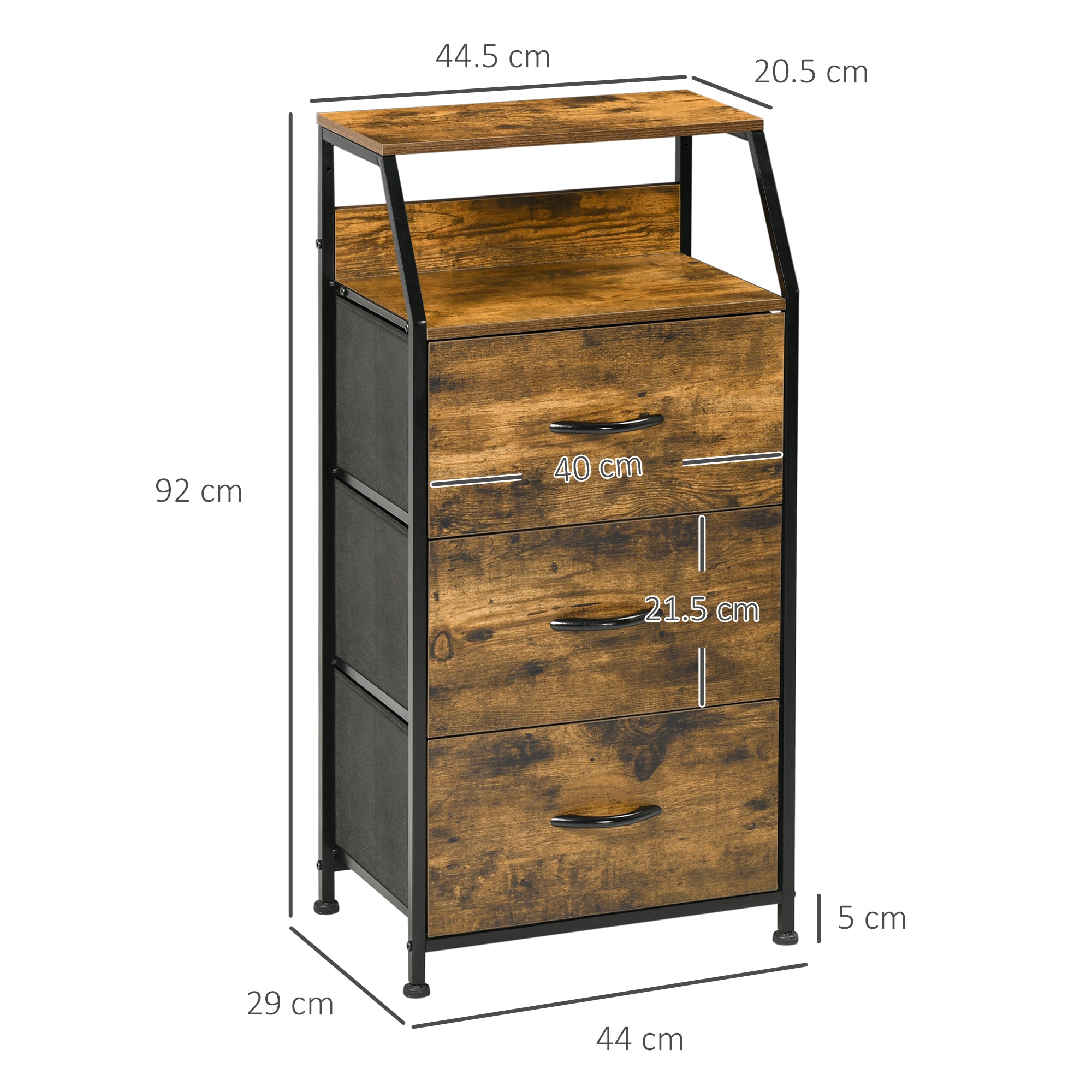 HOMCOM Industrial Storage Cabinet, Fabric Chest of Drawers with Display Shelves, 3 Drawers Storage Unit for Living Room, Rustic Brown