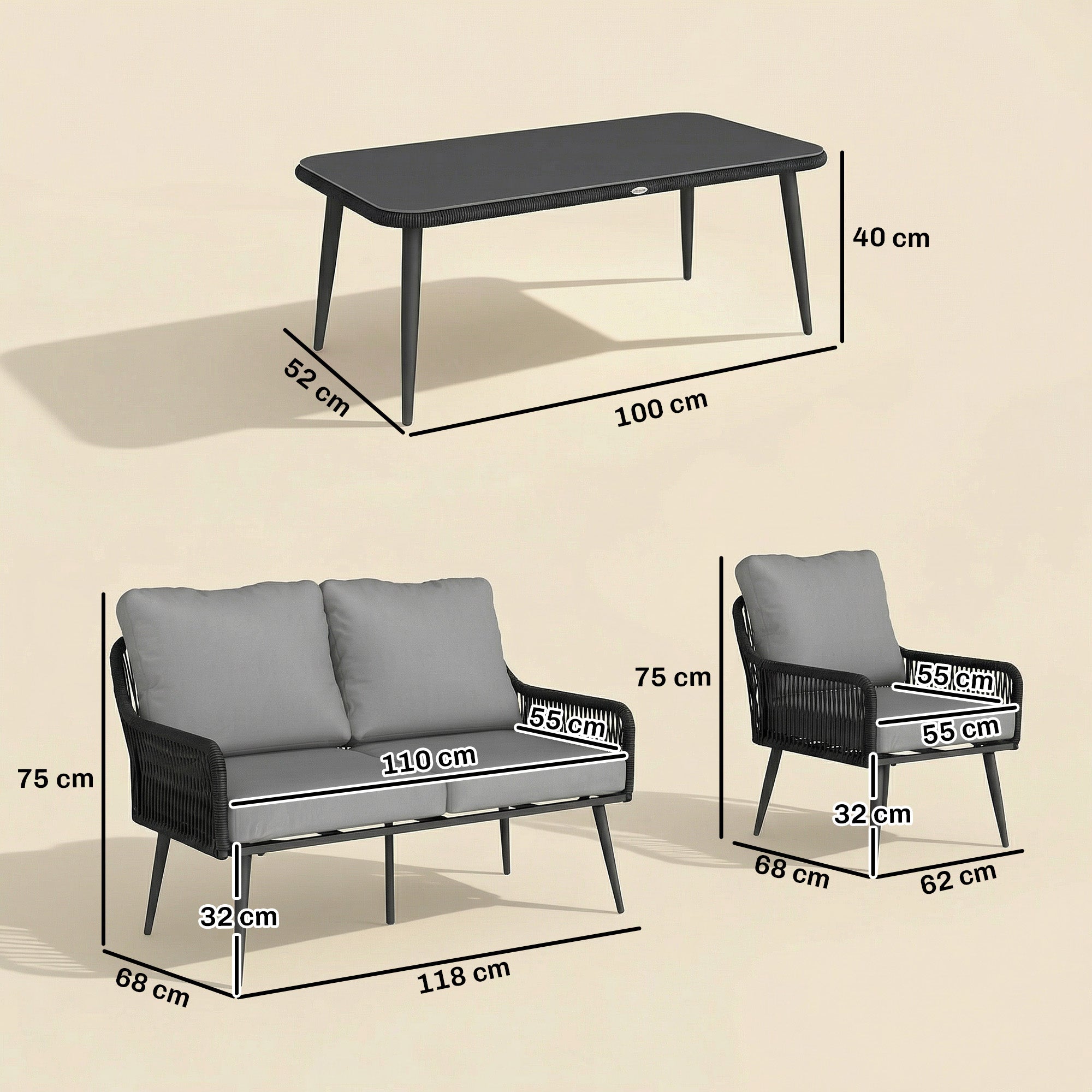 Outsunny Rattan Garden Furniture Set, 4 Piece Outdoor Patio Furniture with Tempered Glass Table and Chairs, Indoor Balcony Conservatory Set