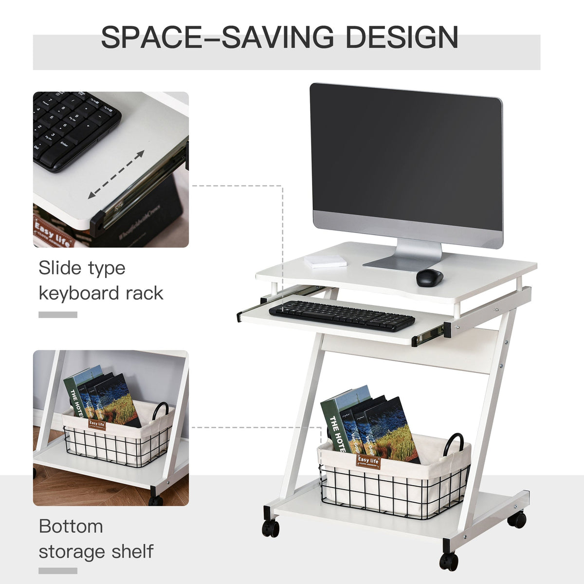 HOMCOM Mobile Computer Desk, Z-Shaped Writing Desk, PC Table for Small Spaces, Workstation with 4 Wheels & Sliding Keyboard for Home Office, Easy Assembly, White