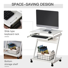 HOMCOM Mobile Computer Desk, Z-Shaped Writing Desk, PC Table for Small Spaces, Workstation with 4 Wheels & Sliding Keyboard for Home Office, Easy Assembly, White