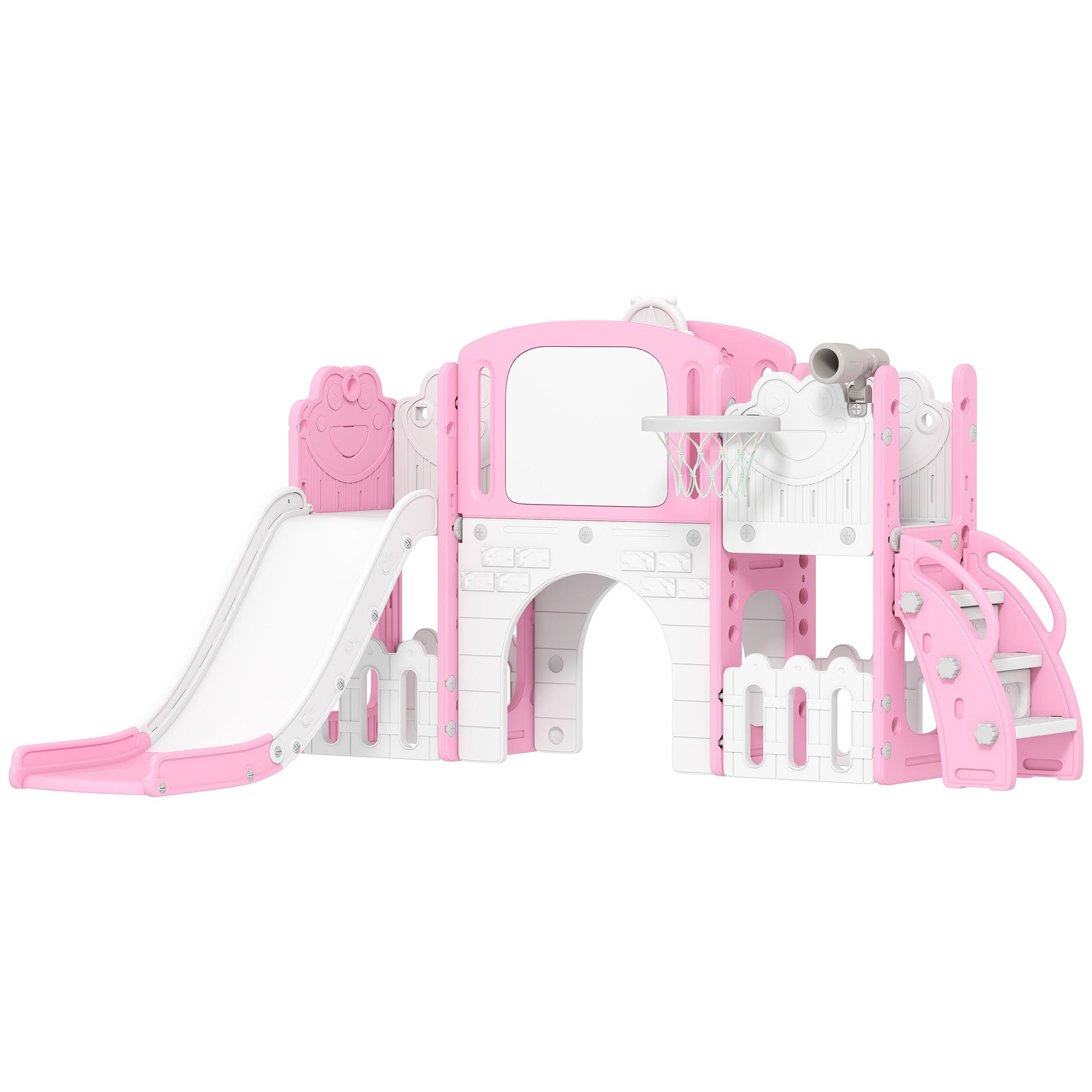 AIYAPLAY 7 in 1 Toddler Slide Set with Basketball Hoop, Climbing Frame, Telescope, Drawing Board, Storage Box, Pink