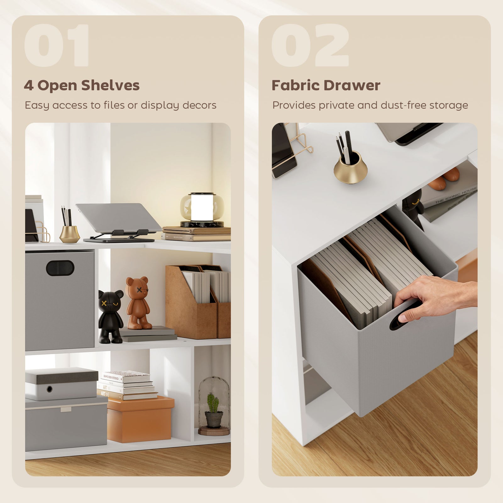 HOMCOM L Shaped Computer Desk, 110 x 100cm Reversible Corner Desk with Fabric Drawer and Storage Shelves, White