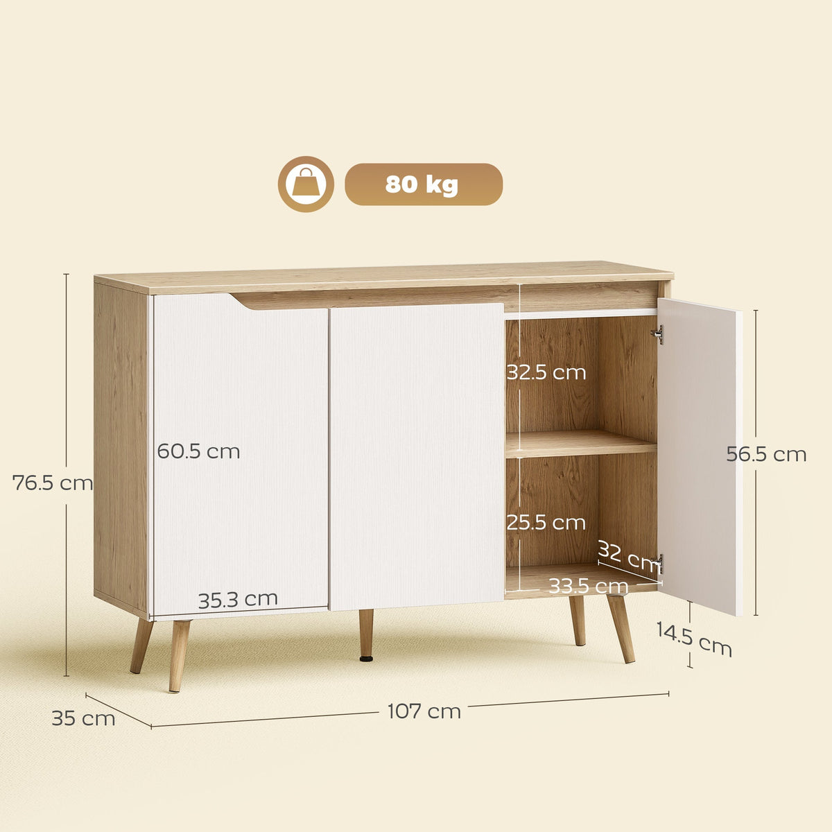 HOMCOM Sideboard Storage Cabinet, Kitchen Cupboard with 3 Doors, 2 Adjustable Shelves and 5 Rubberwood Legs, White and Oak