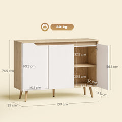 HOMCOM Sideboard Storage Cabinet, Kitchen Cupboard with 3 Doors, 2 Adjustable Shelves and 5 Rubberwood Legs, White and Oak