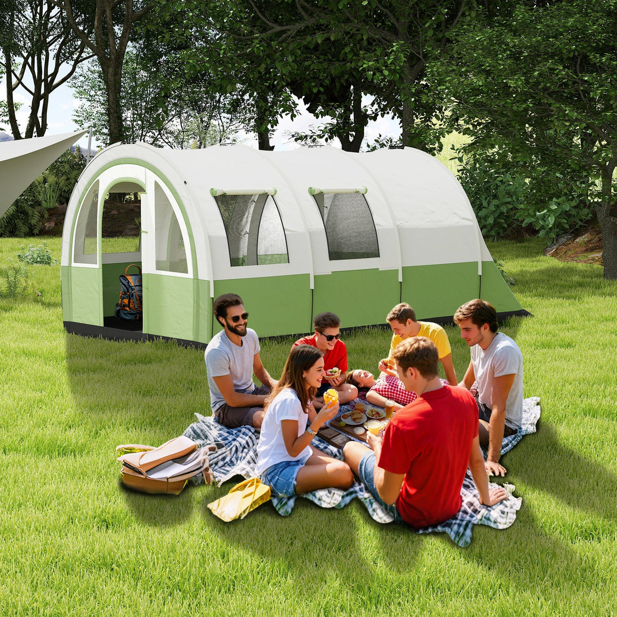 Outsunny 3000mm Waterproof Camping Tent, 5-6 Man Family Tent with Living and Bedroom, Carry Bag Included, Cream and Green