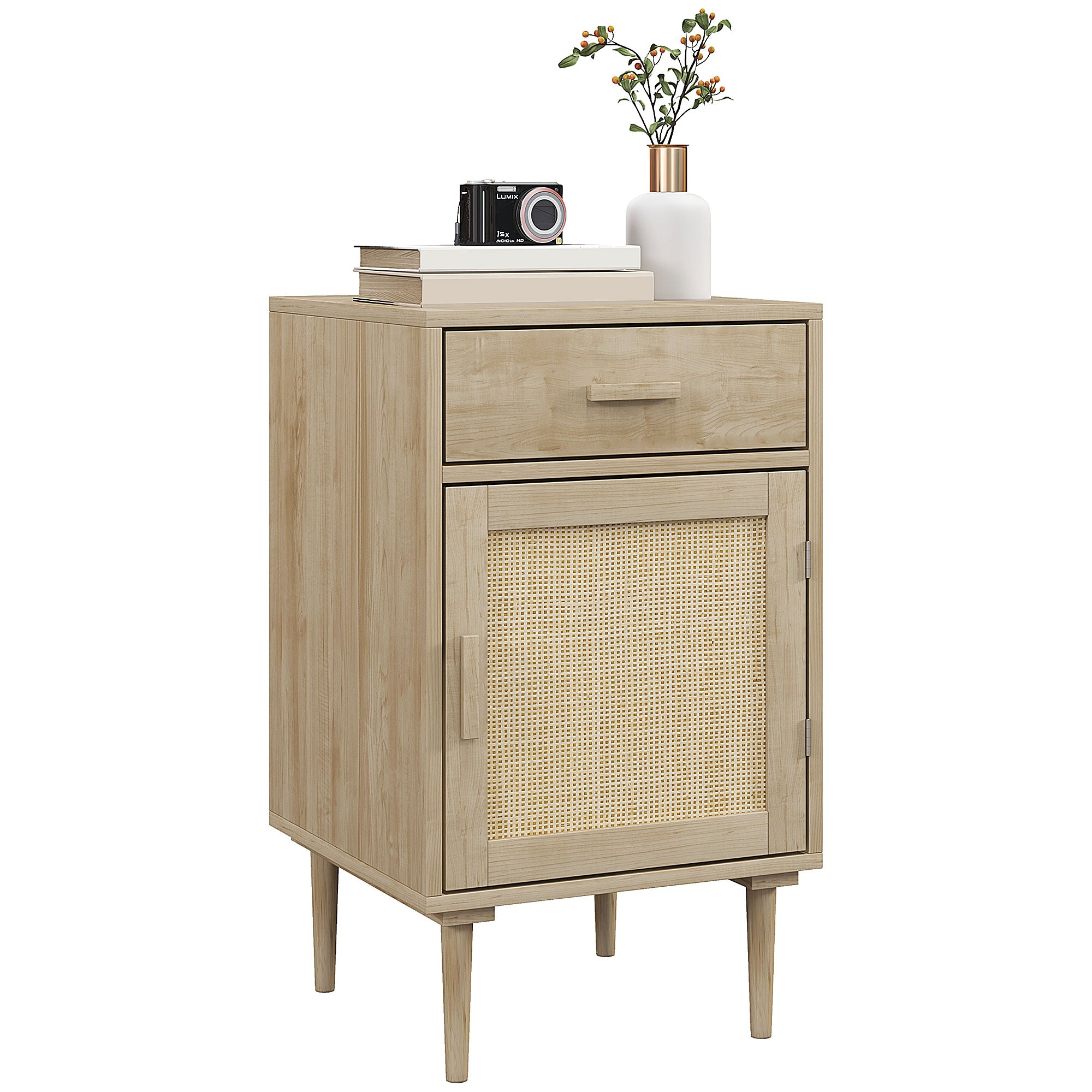 HOMCOM Bedside Table, Rattan Side Tables with Drawer, Cabinet and Adjustable Shelf, Boho Bedside Cabinet with Storage for Bedroom, Living Room, Natural Wood Effect