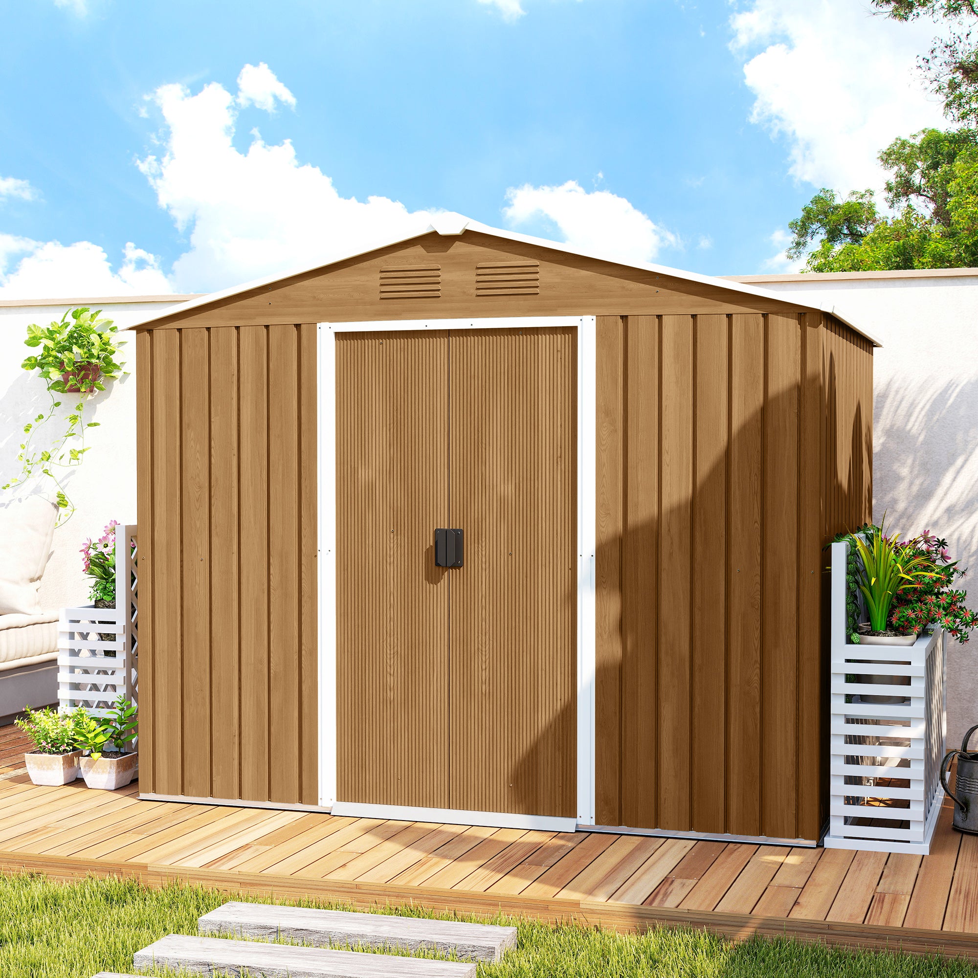 Outsunny 8 x 6ft Galvanised Steel Shed, with Double Door - Brown