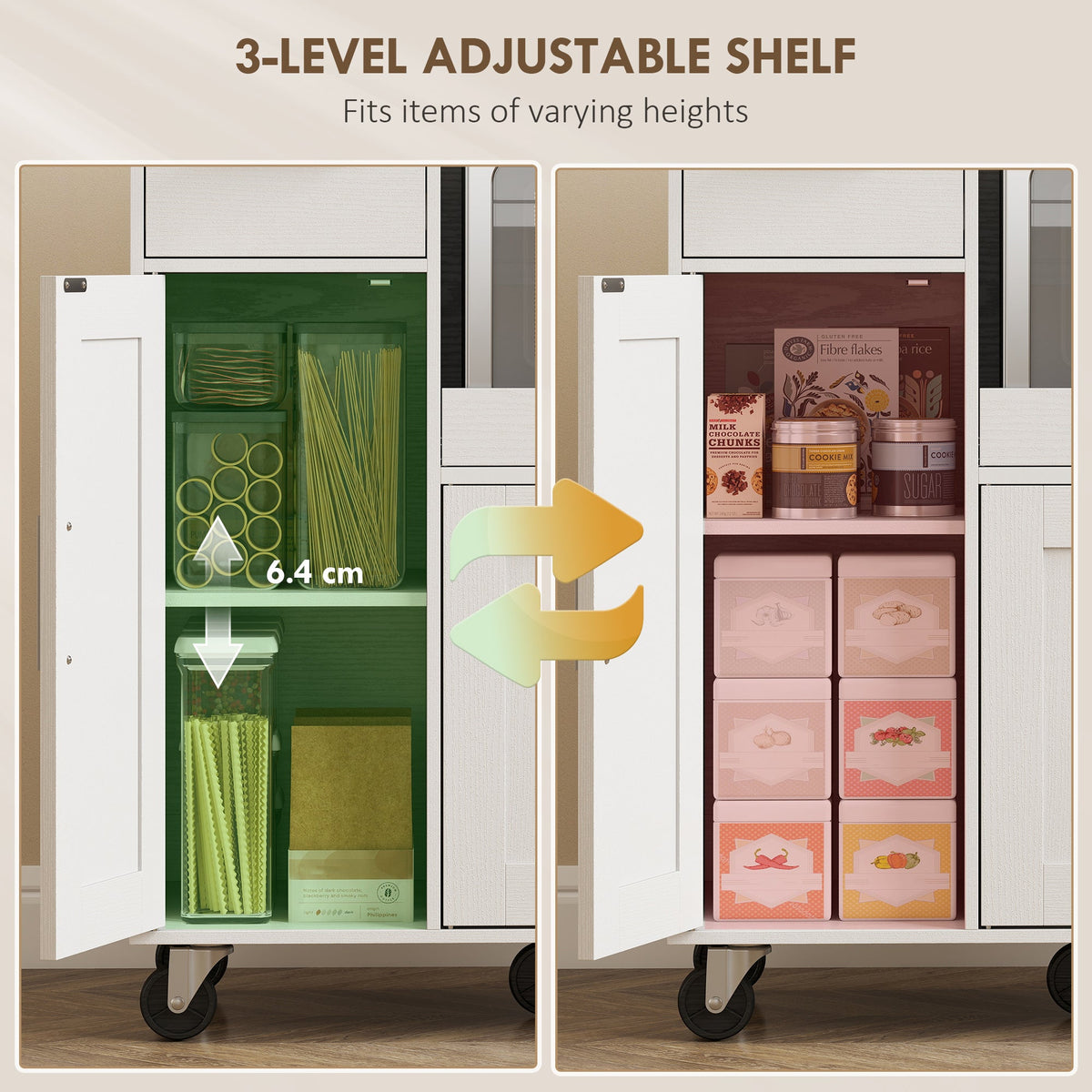 HOMCOM Rolling Kitchen Cart, Microwave Cabinet with Sliding Tray, Drawer, 3-Door Cupboards, Adjustable Shelf, White