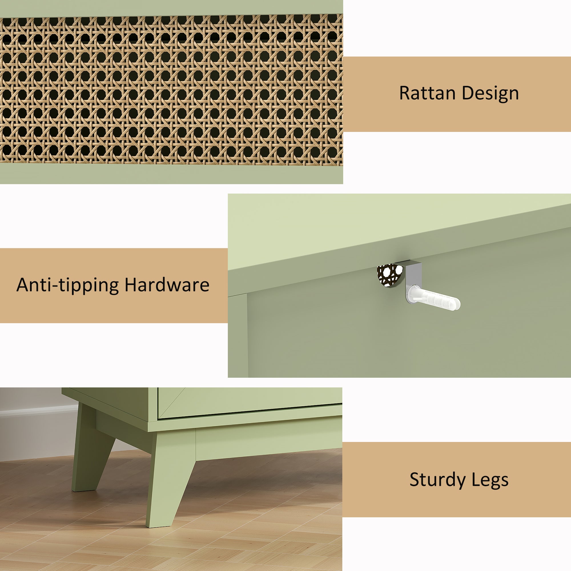 HOMCOM Chest of Drawers, 4-Drawer Storage Organiser Unit with Rattan Element for Bedroom, Living Room, Light Green