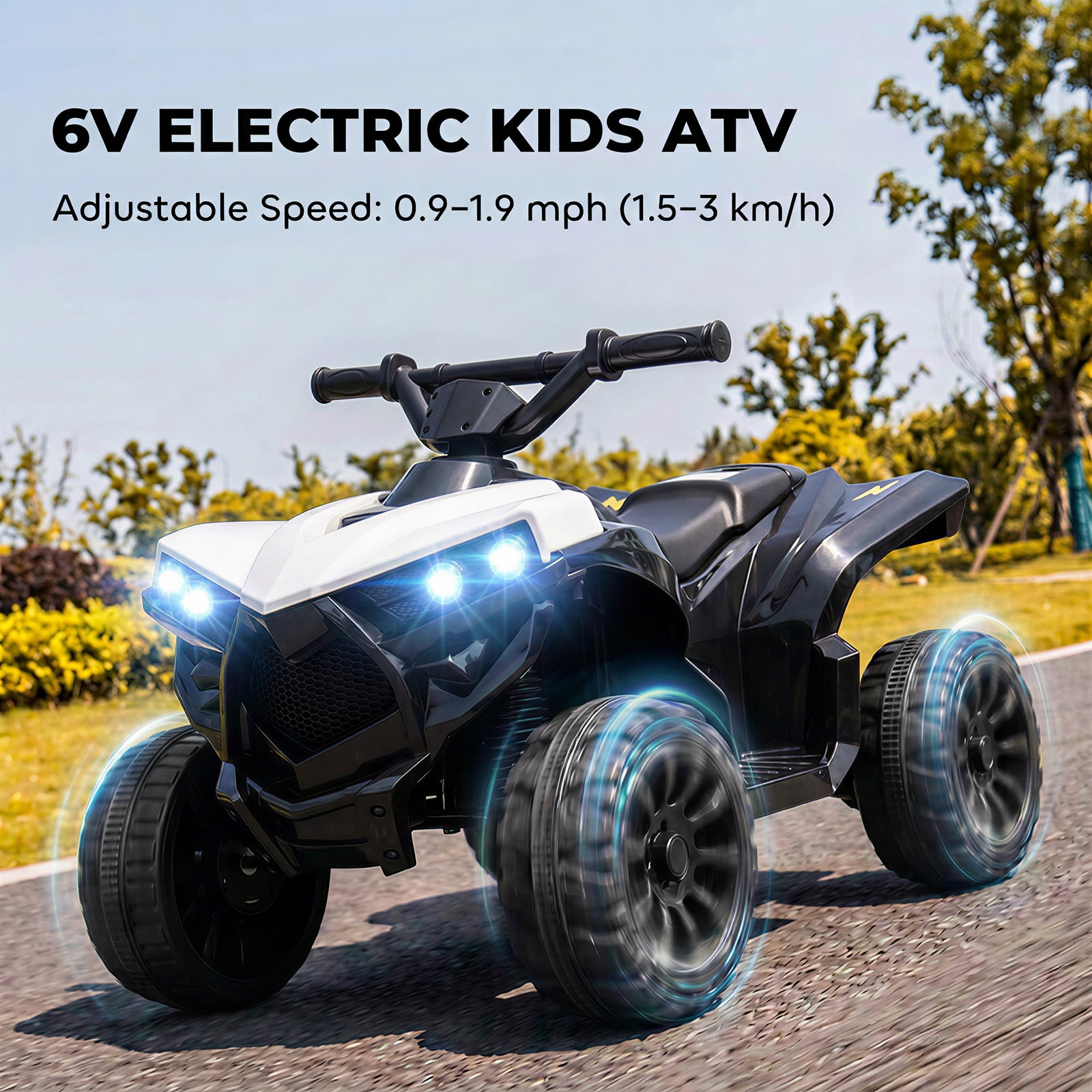 AIYAPLAY 6V Kids ATV, 4 Wheeler Electric Ride on Car with Music and LED Headlights, for Ages 18-56 Months Boys and Girls, White