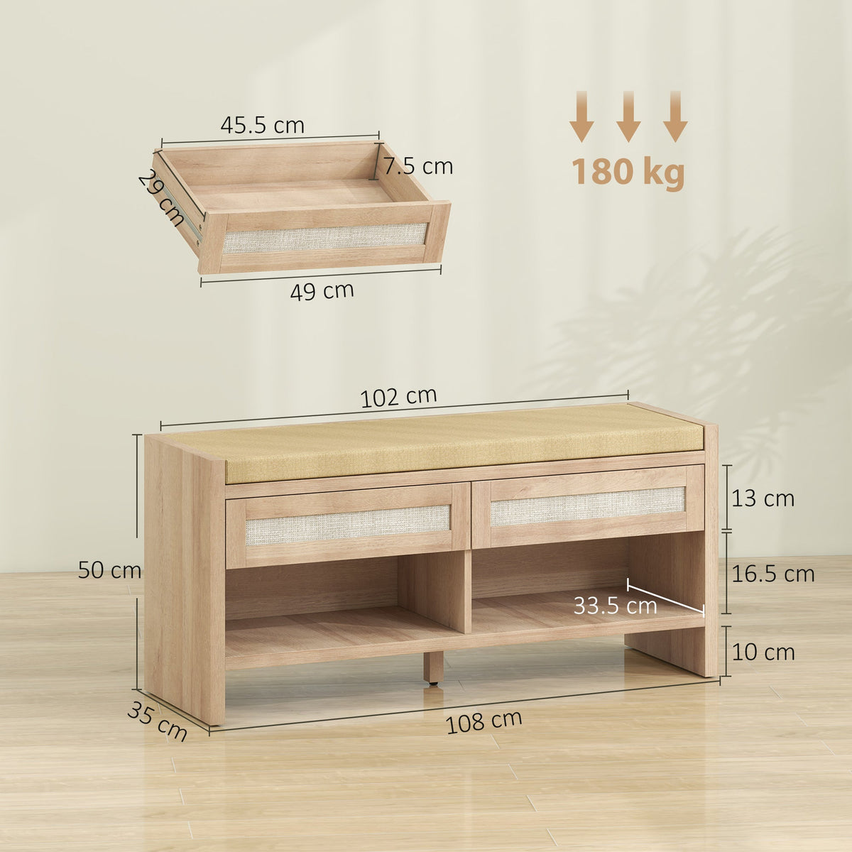 HOMCOM Boho Shoe Bench with 2 Rattan Drawers, Shoe Storage Bench with Cushioned Seat and Open Shelf Oak Wood Effect