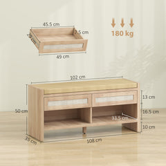 HOMCOM Boho Shoe Bench with 2 Rattan Drawers, Shoe Storage Bench with Cushioned Seat and Open Shelf Oak Wood Effect