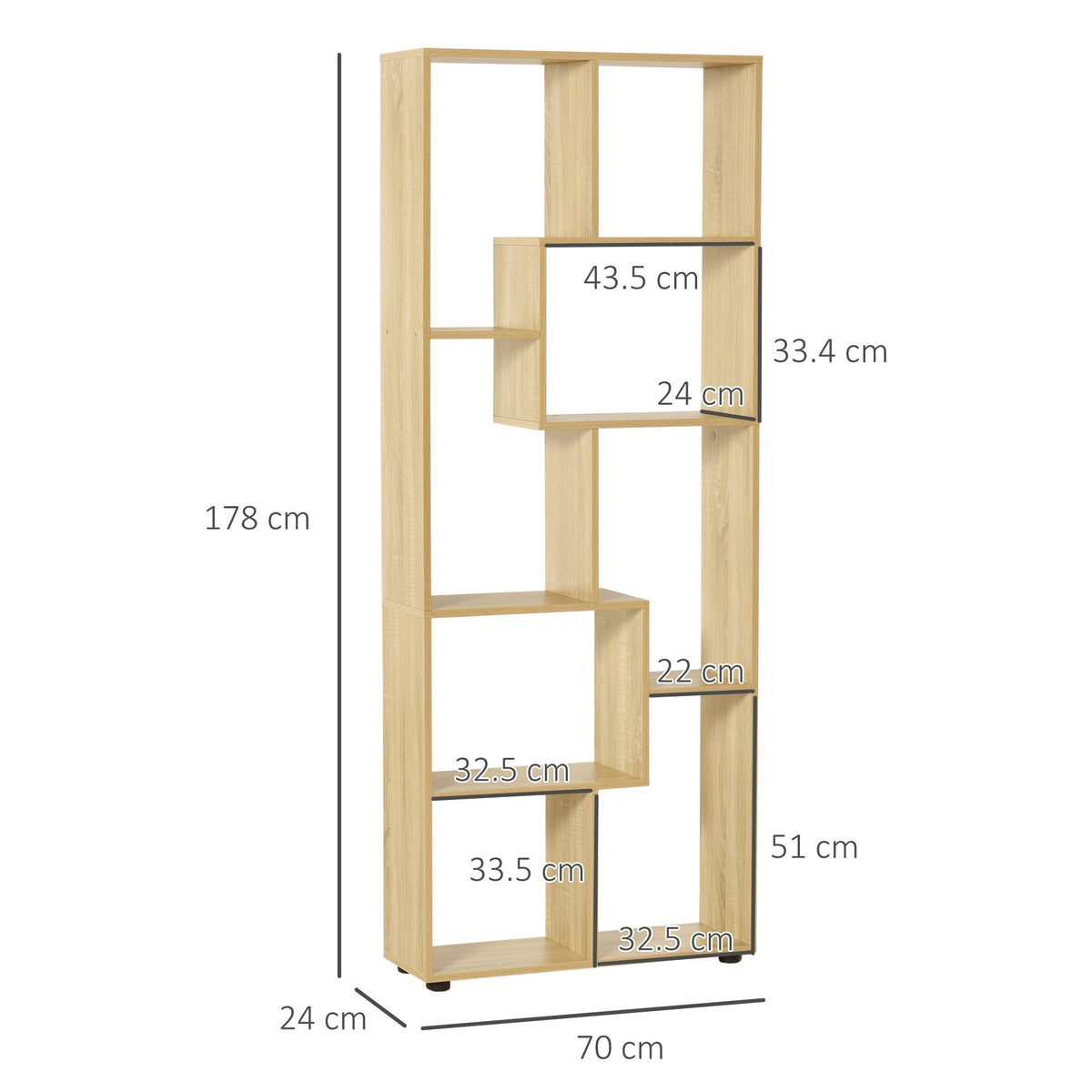 HOMCOM 8-Cube Bookcase, Tall Display Shelf, Standing Storage Rack for Study Room, Living Room, 70 x 24 x 178cm, Natural