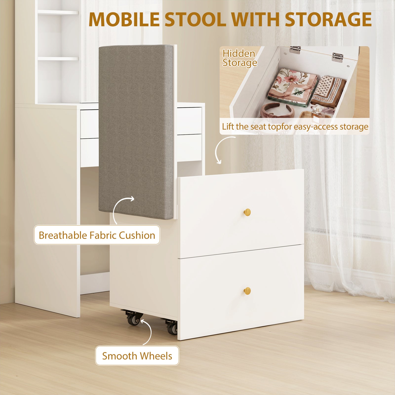 HOMCOM Dressing Table with Mirror and Mobile Storage Stool, Compact Vanity Table with Cabinet, Drawers, Open Shelves, White