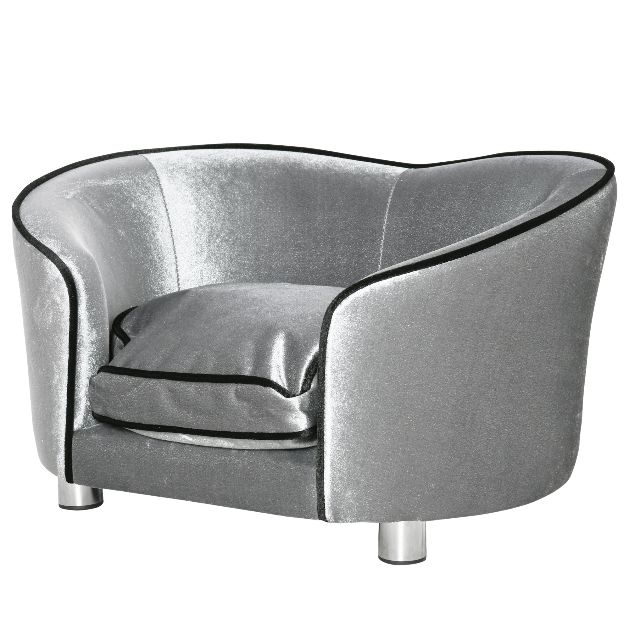 PawHut Dog Sofa Pet Chair, Kitten Bed Couch w/ Wooden Frame, Removable Cushion - Silver-Tone and Grey