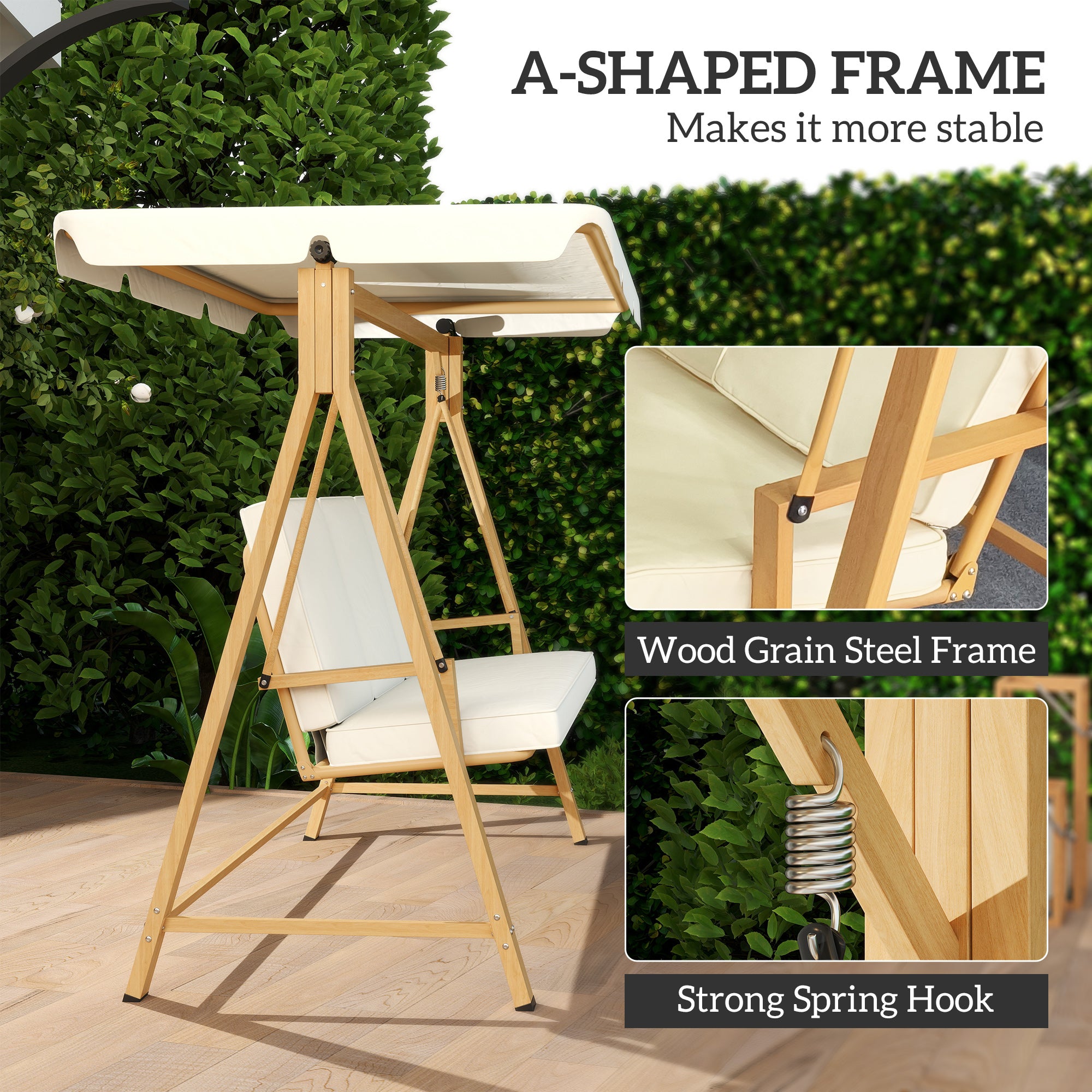 Outsunny Three-Seater Garden Swing Bench, with Adjustable Canopy - Beige