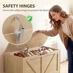 HOMCOM 100L Home Storage Box, with Safety Hinge - Nature Wood Finish