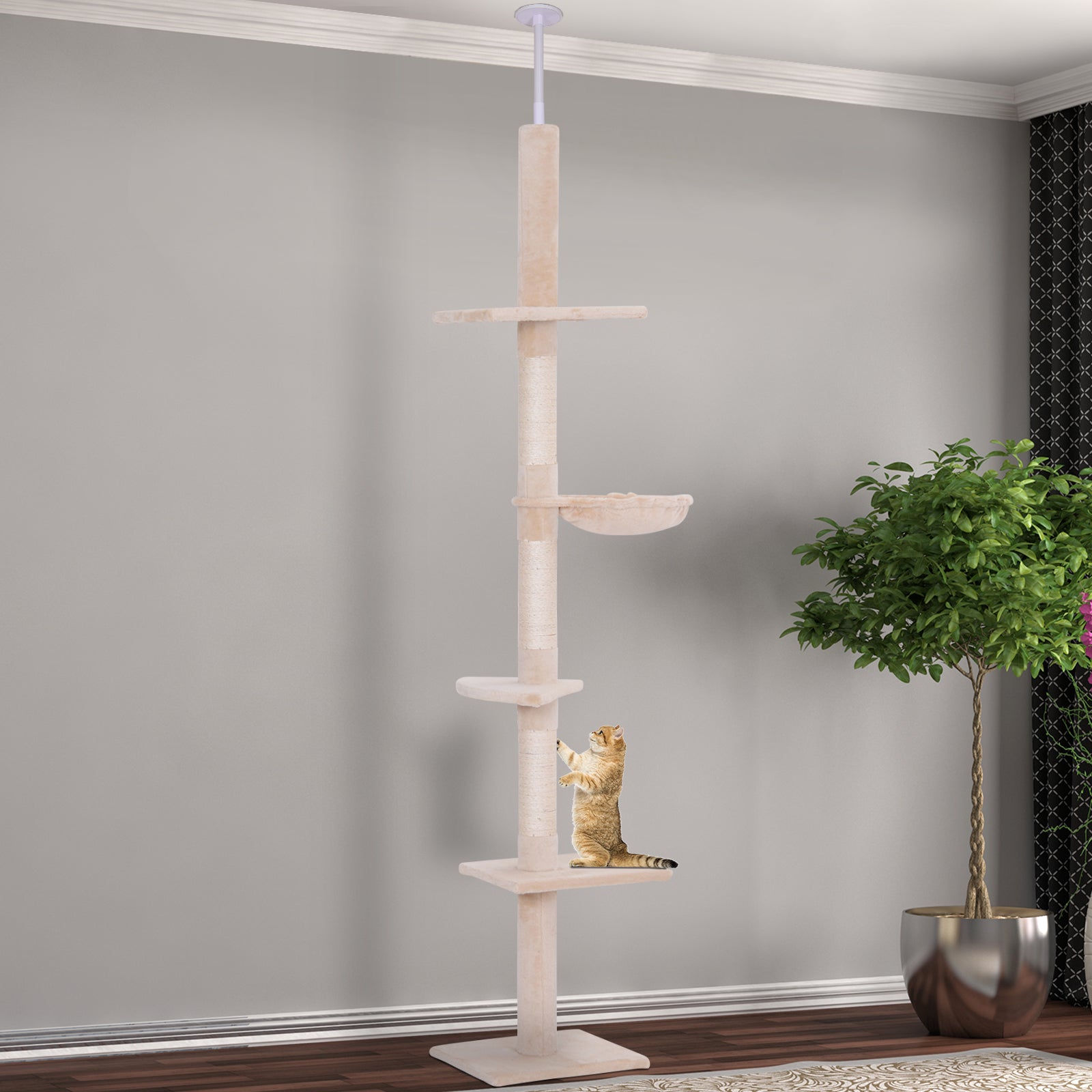 PawHut Floor to Ceiling Cat Tree Height Adjustable 230-260cm, 5-Tier Cat Tower with Scratching Post, Hammock, Perches, Climbing Activity Centre for Indoor Kittens, Beige