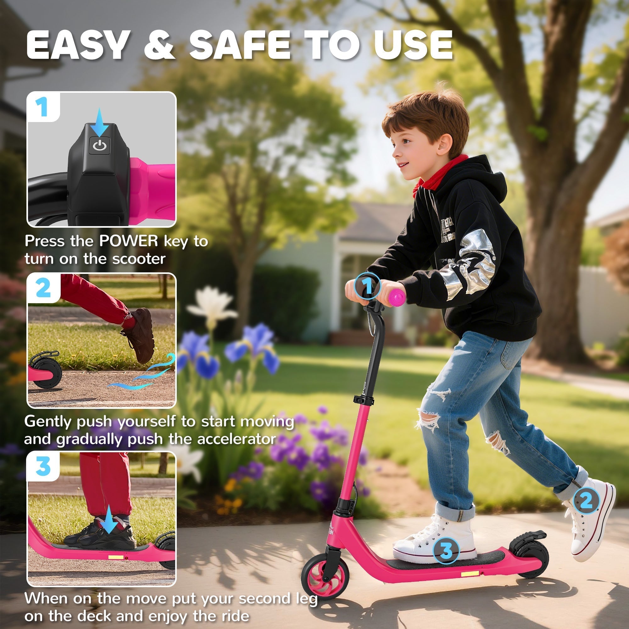 HOMCOM Electric Scooter, 120W Motor E-Scooter, Adjustable Height, Rear Brake for Ages 6+ Years - Pink