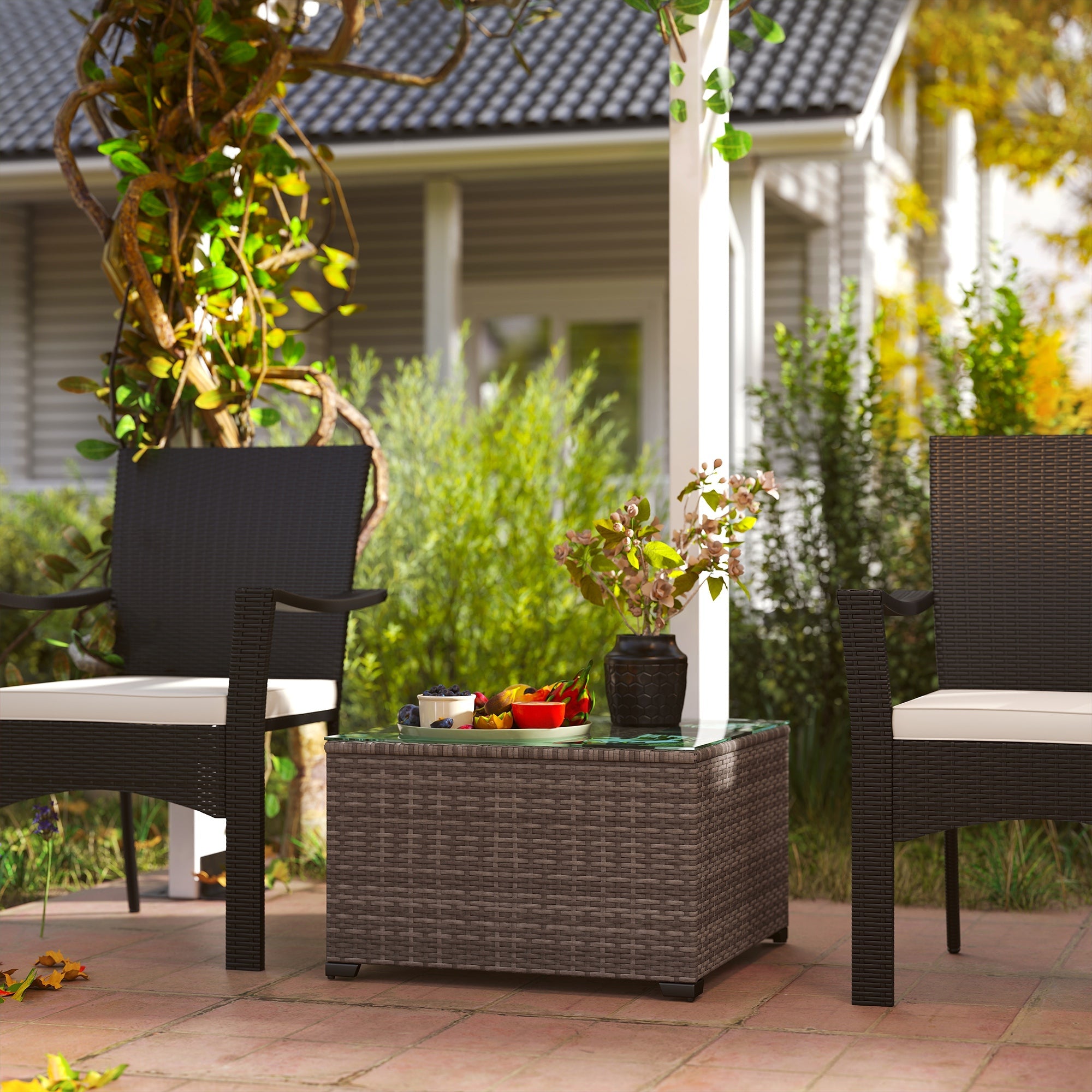 Outsunny 62 x 62cm Glass-Top Rattan Side Table - Dark Grey