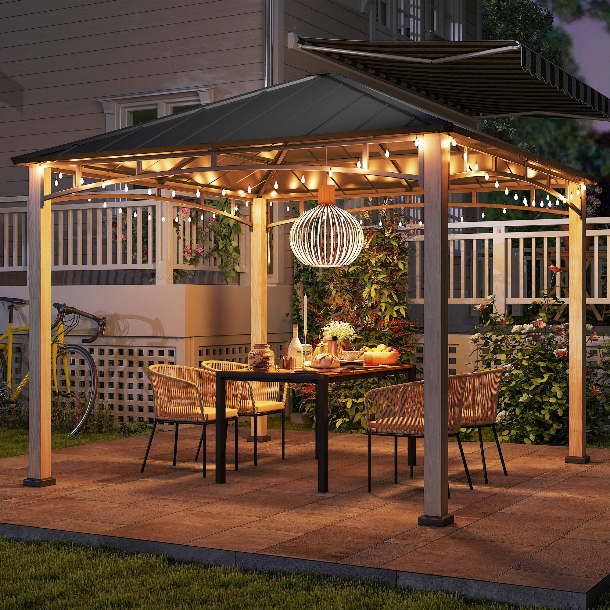 Outsunny 3 x 3 m Decorative Metal Gazebo - Black/Wood-Effect