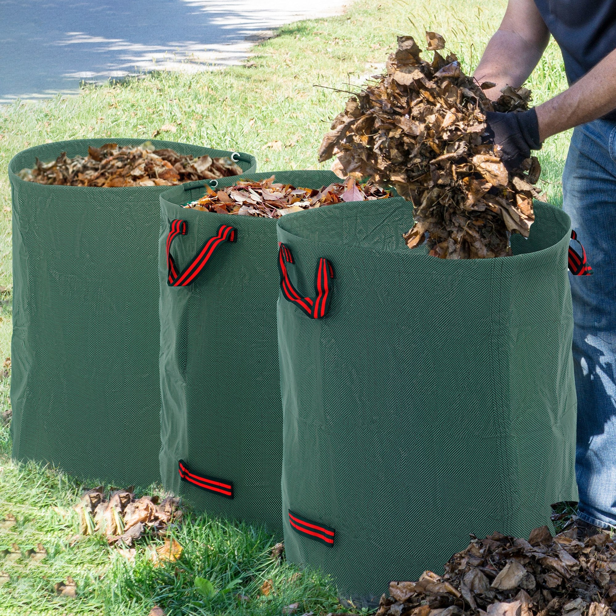 Outsunny Garden Waste Bags, 300L x 3 Heavy Duty Garden Bags, Foldable and Reusable Waste Sacks with Handles for Loading Leaf, Trash, Debris, Green
