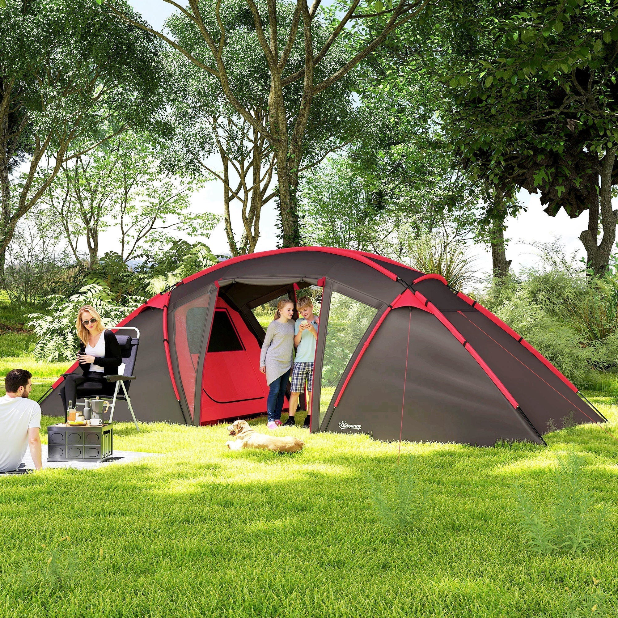 Outsunny 4-6 Man Family Camping Tent w/ 2 Bedrooms and a Living Room, Waterproof Tunnel Tent w/ Sewn In Groundsheet, Doors, Windows, Carry Bag, Grey