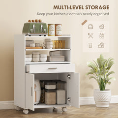 HOMCOM Kitchen Trolley with Wheels, Modern Mobile Microwave Stand with Slide-Out Shelf, Drawer and 2 Doors for Dining Room