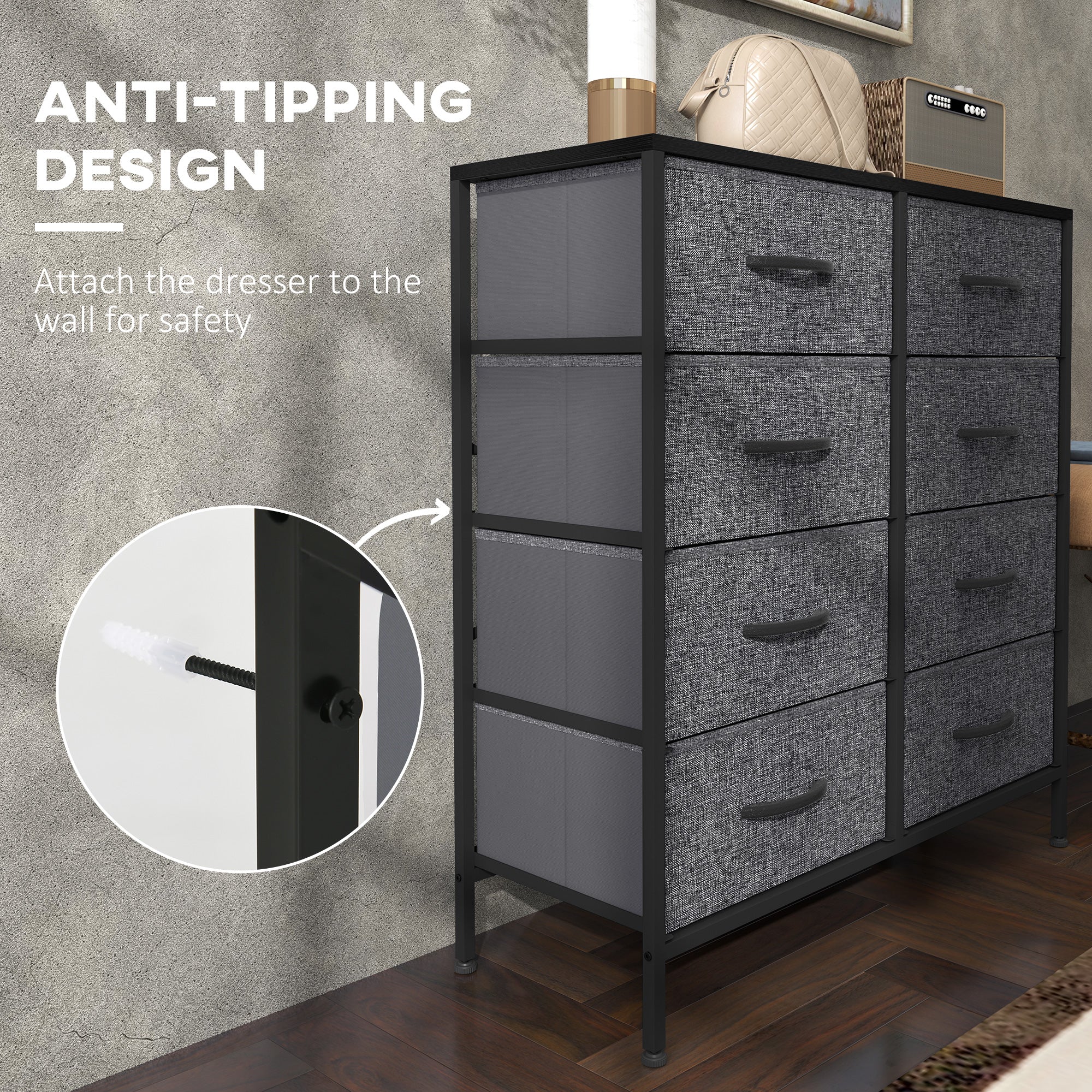 HOMCOM Fabric Chest of Drawers, Industrial Bedroom Dresser with 8 Fabric Drawers, Steel Frame and Wooden Top for Nursery, Living Room, Hallway, Black