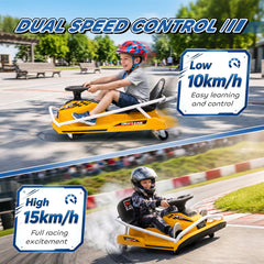AIYAPLAY 24V Electric Go Kart for Kids with Drift Mode, 300W Brushless Motor, Soft Start and Dual Speed for Ages 6-10, Yellow