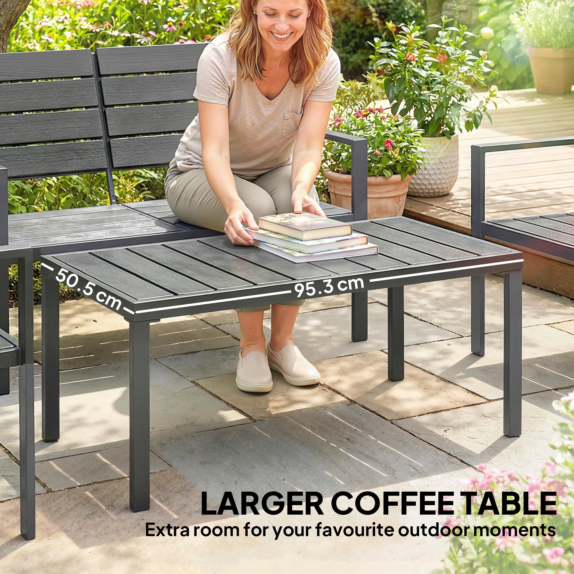 Outsunny 4 Piece Garden Furniture Set, Outdoor Sofa Set with HDPE Slatted Loveseat Armchairs Coffee Table Metal Frame, Dark Grey