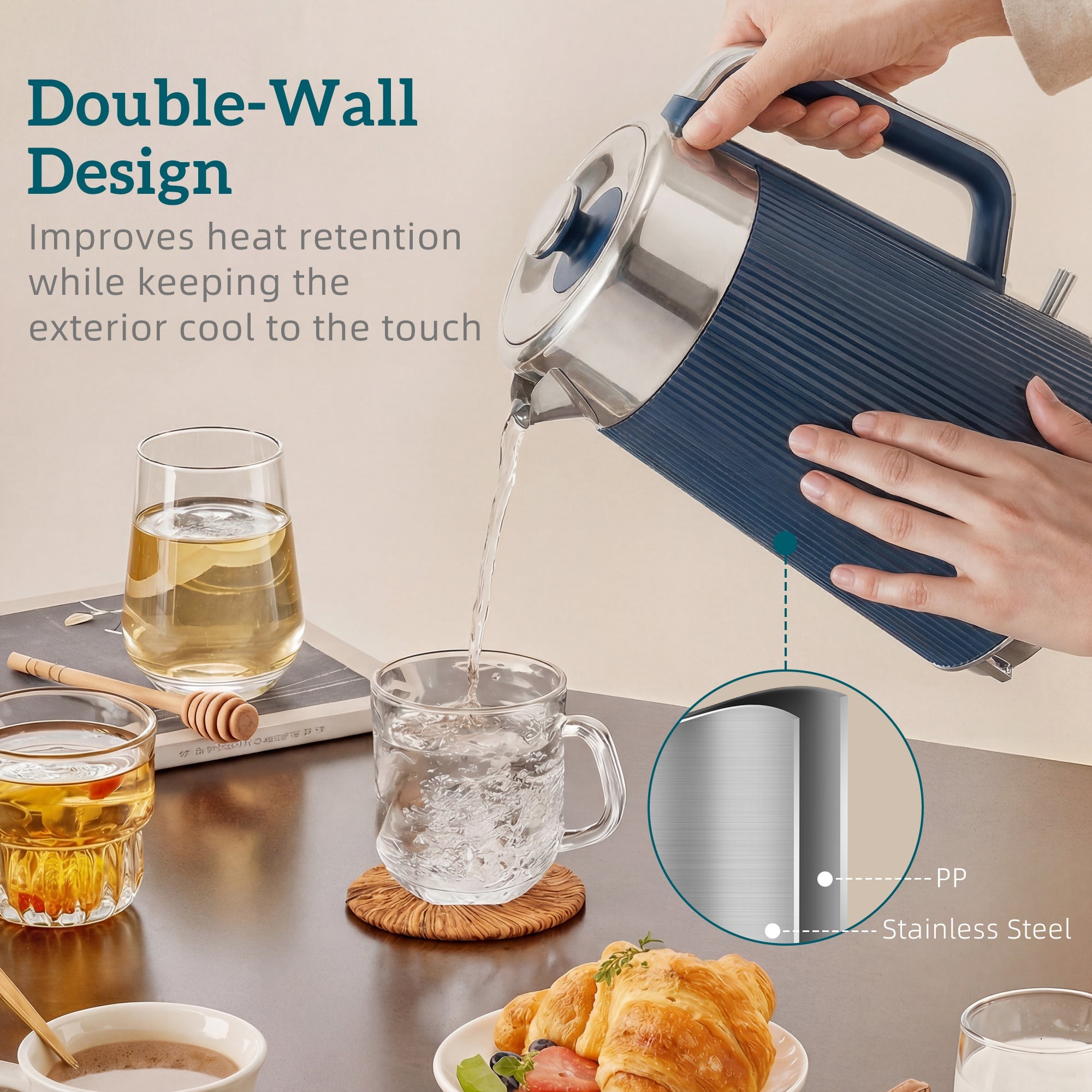 HOMCOM Electric Stainless Steel Kettle and Toaster Set, 3000W 1.7L UK Strix Thermostat Dark Blue