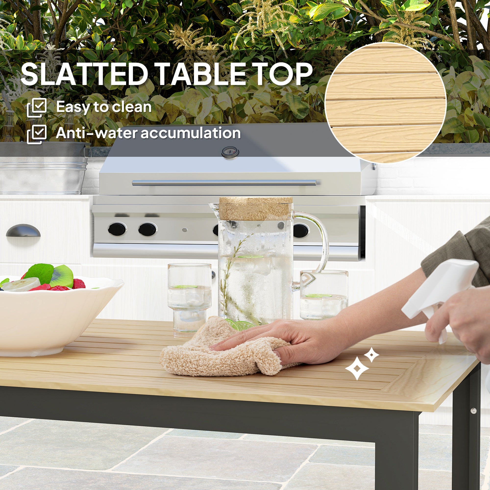 Outsunny Garden Table for 6 People, 175 x 78 x 75 cm Rectangle Outdoor Dining Table with Slatted Top, Metal Frame, for Balcony, Deck, Teak