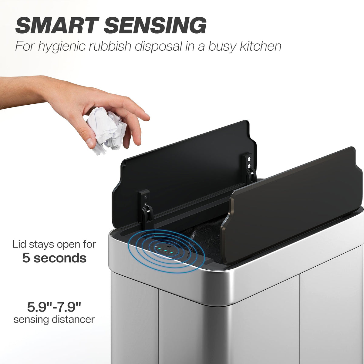 HOMCOM 55L Sensor Bin, Large Automatic Touchless Rubbish Bin with Soft-Close Lid, Silver Tone