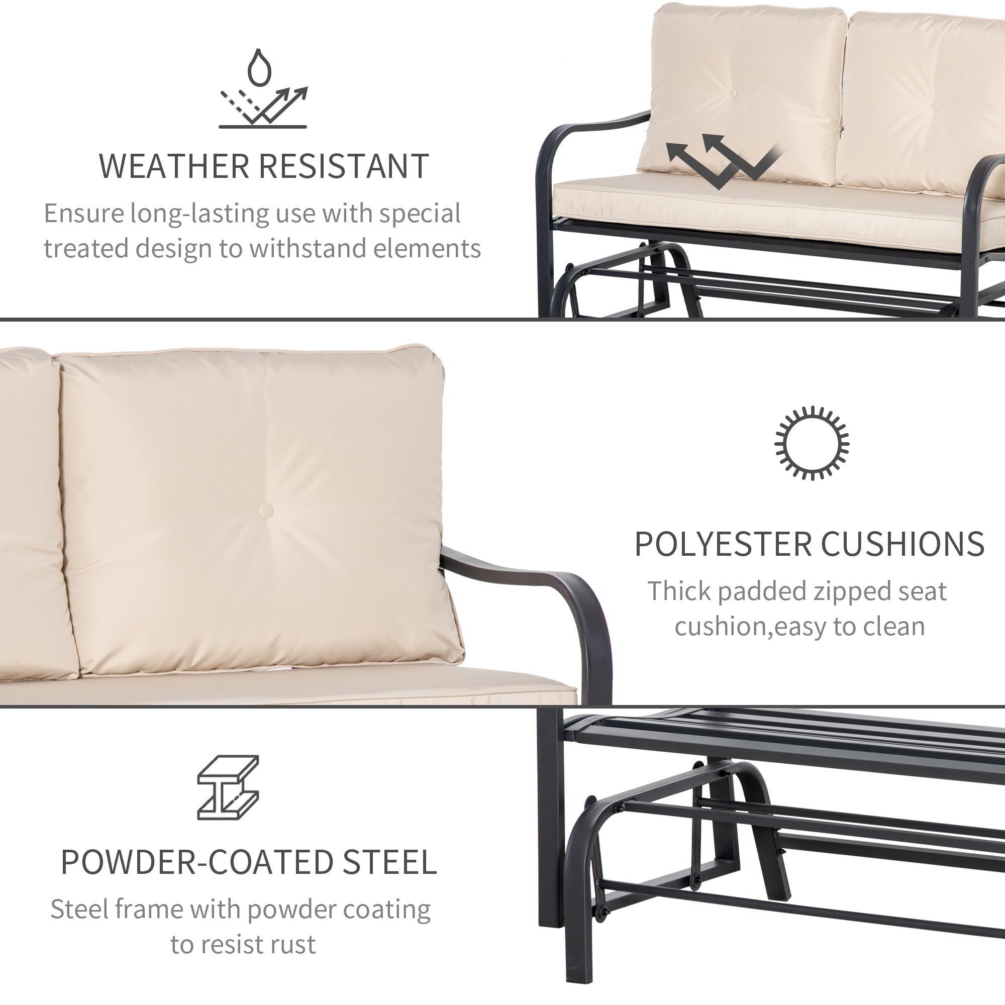 Outsunny 2-Person Outdoor Loveseat Glider Bench Rocking Chair for Patio, Garden, Yard, Porch with Armrest and Cushions, Khaki