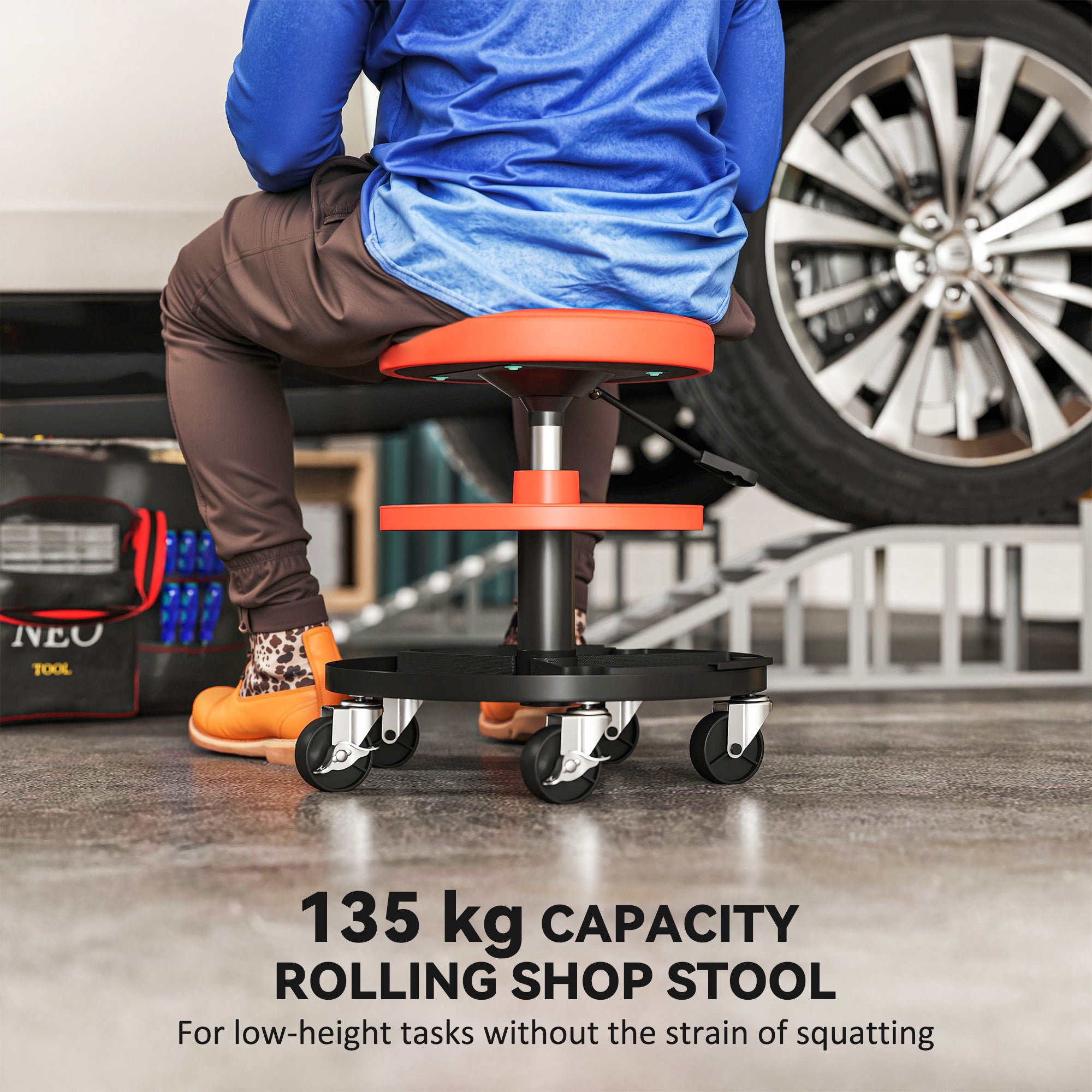 HOMCOM Rolling Mechanic Stool, 135kg Capacity Workshop Stool, 360√Ç¬∞ Swivel Roller Padded Creeper Seat with Wheels, Tool Trays Storage for Garage, Shop, Auto Repair, Yellow