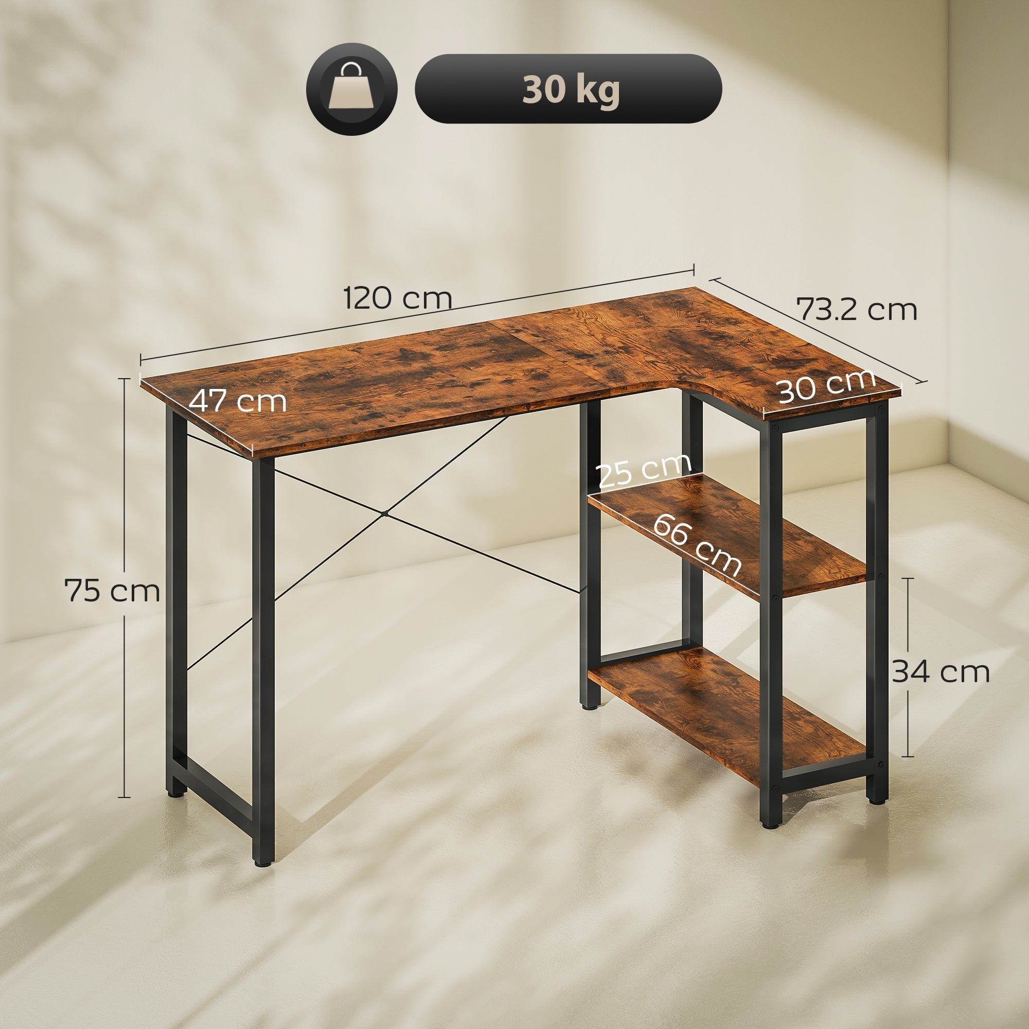 HOMCOM L Shaped Desk, Corner Computer Desk with Bookshelf for Home Office, Study Room, Workstation, 120 x 73.2 x 75cm, Rustic Brown