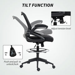 Vinsetto Drafting Chair with Flip-up Armrest, Mesh Office Stool with Foot Ring, 360 Degree Swivel Height Adjustable Chair for Standing Desk, Black
